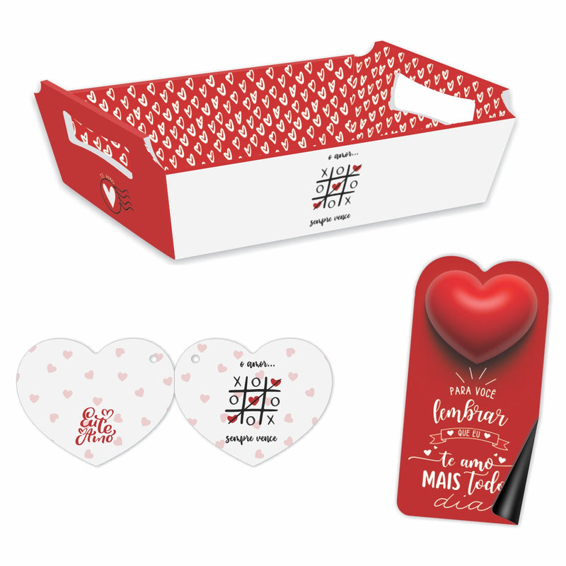 Cesta Tamanho P + Cartão de Coração + Imã de Geladeira  - O Amor Sempre Vence -Dia dos Namorados